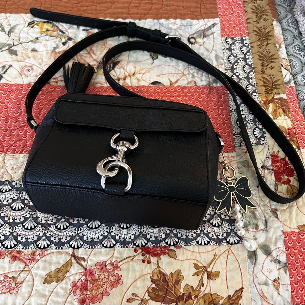 Rebecca Minkoff Black Leather Crossbody with Silver Hardware & Tassel Charm